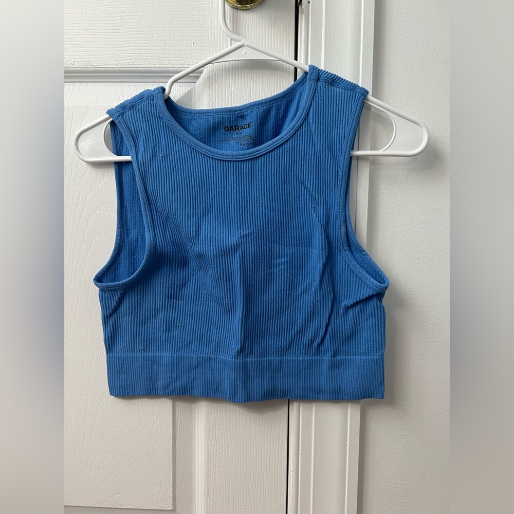 Blue garage cropped tank top